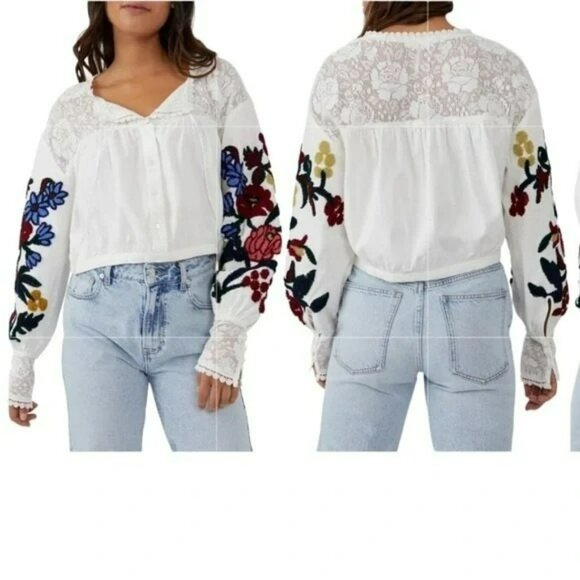 Free People Meadows Embroidered Peasant Top Artsy Hippie Boho Cropped Sz M NEW - Picture 12 of 12
